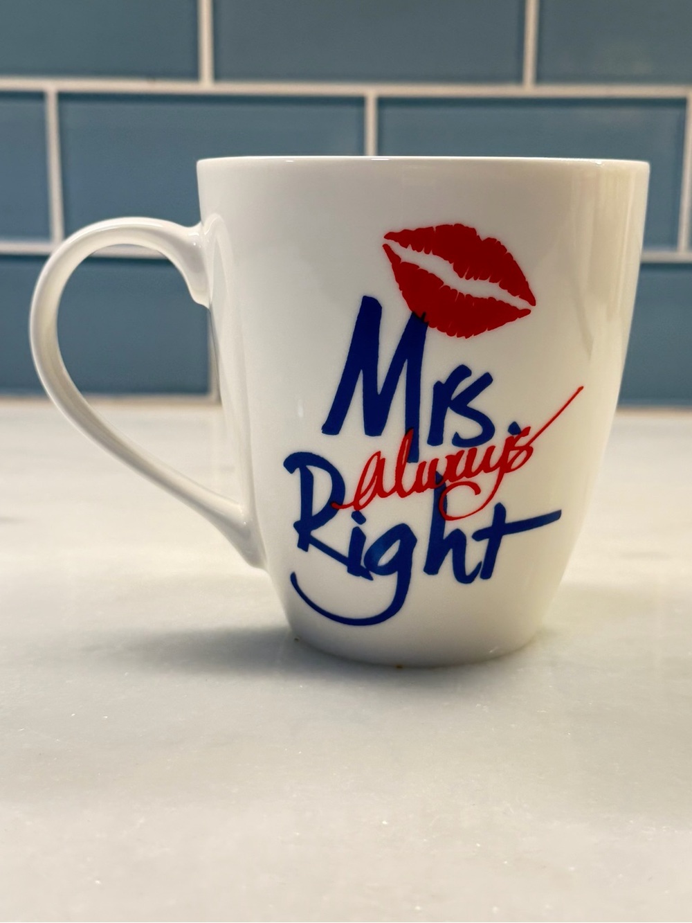 Pfaltzgraff White Mug with Blue Script and Red Accents